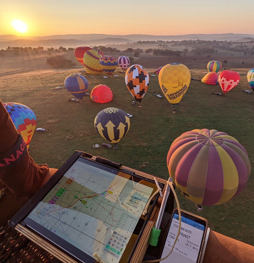 oziTarget running on a tablet in a balloon basket at a competition launch at dawn