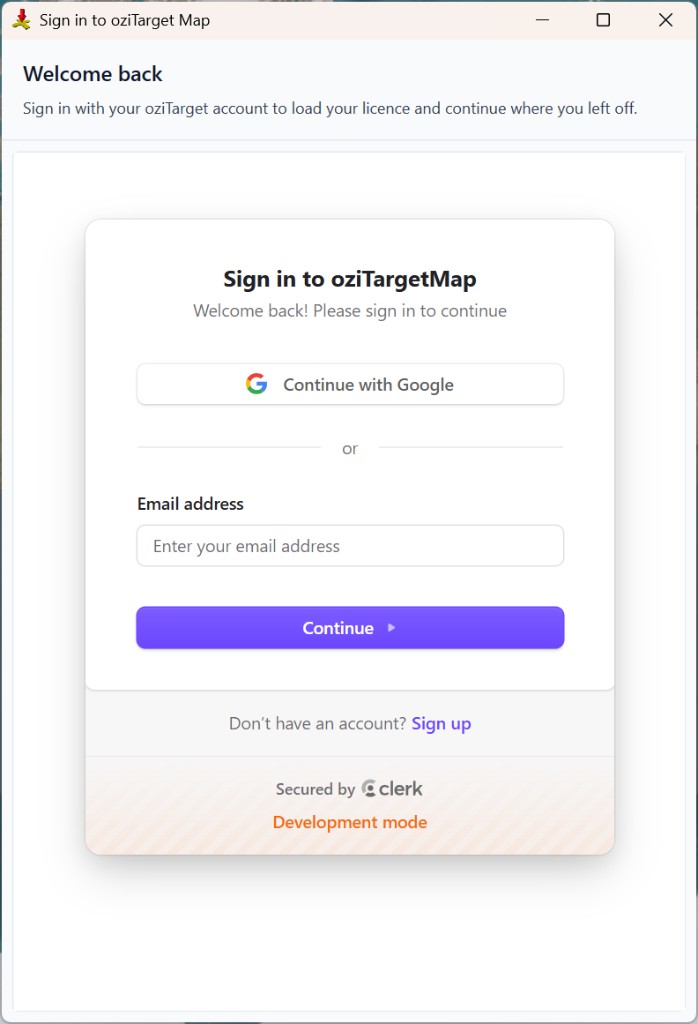 Sign in to oziTarget Map dialog