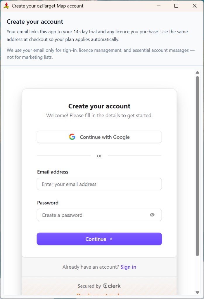 Create your oziTarget Map account dialog