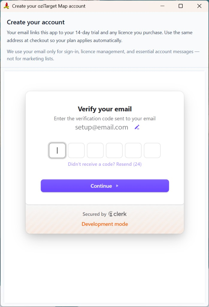 Verify your email dialog in oziTarget Map